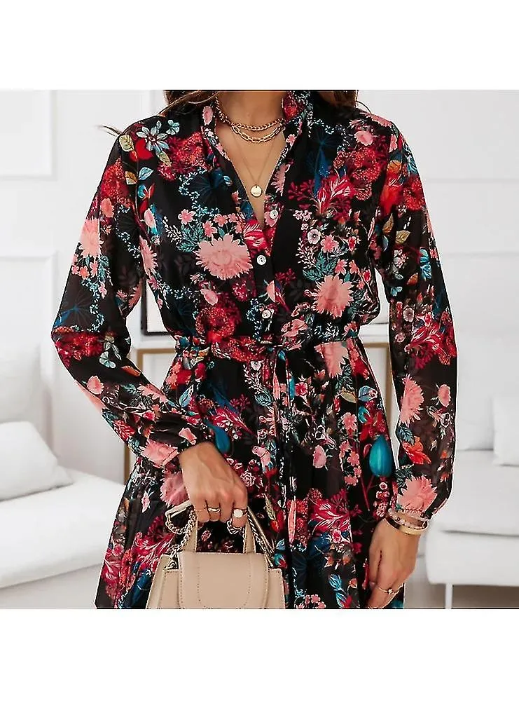 Autumn Printed Long Sleeve Shirt Dress With A V-neck And Buttoned Waist