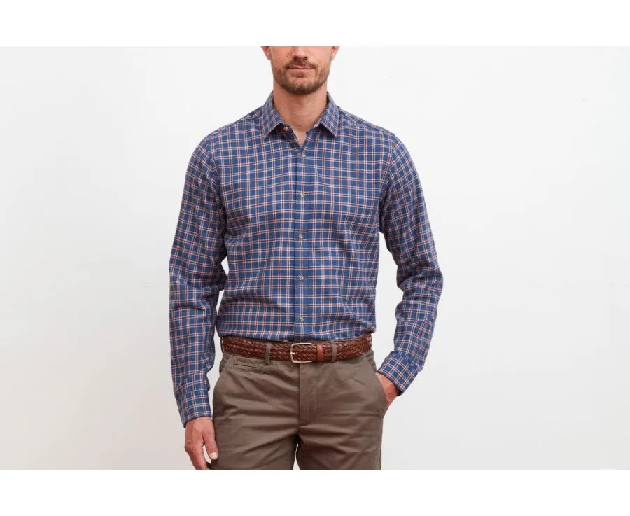 Blue flannel shirt with red checks - Straight collar - PAULIN II