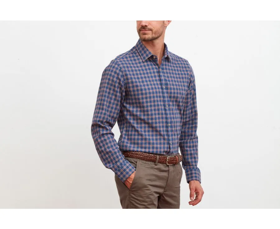 Blue flannel shirt with red checks - Straight collar - PAULIN II