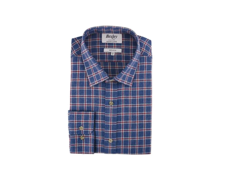 Blue flannel shirt with red checks - Straight collar - PAULIN II