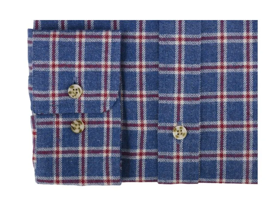 Blue flannel shirt with red checks - Straight collar - PAULIN II