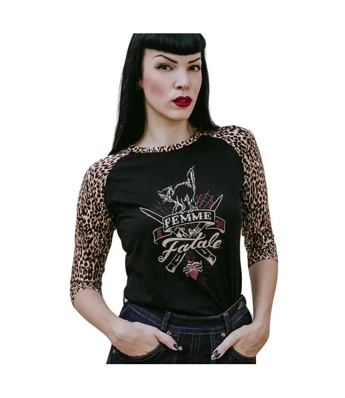 Camiseta chica manga rangla leopardo Femme Fatale Rockabilly Rumble59 RUM708