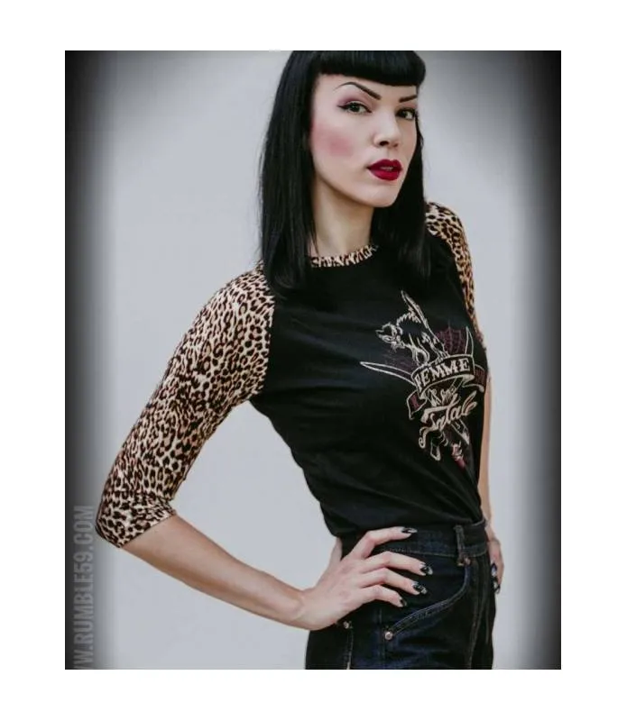 Camiseta chica manga rangla leopardo Femme Fatale Rockabilly Rumble59 RUM708