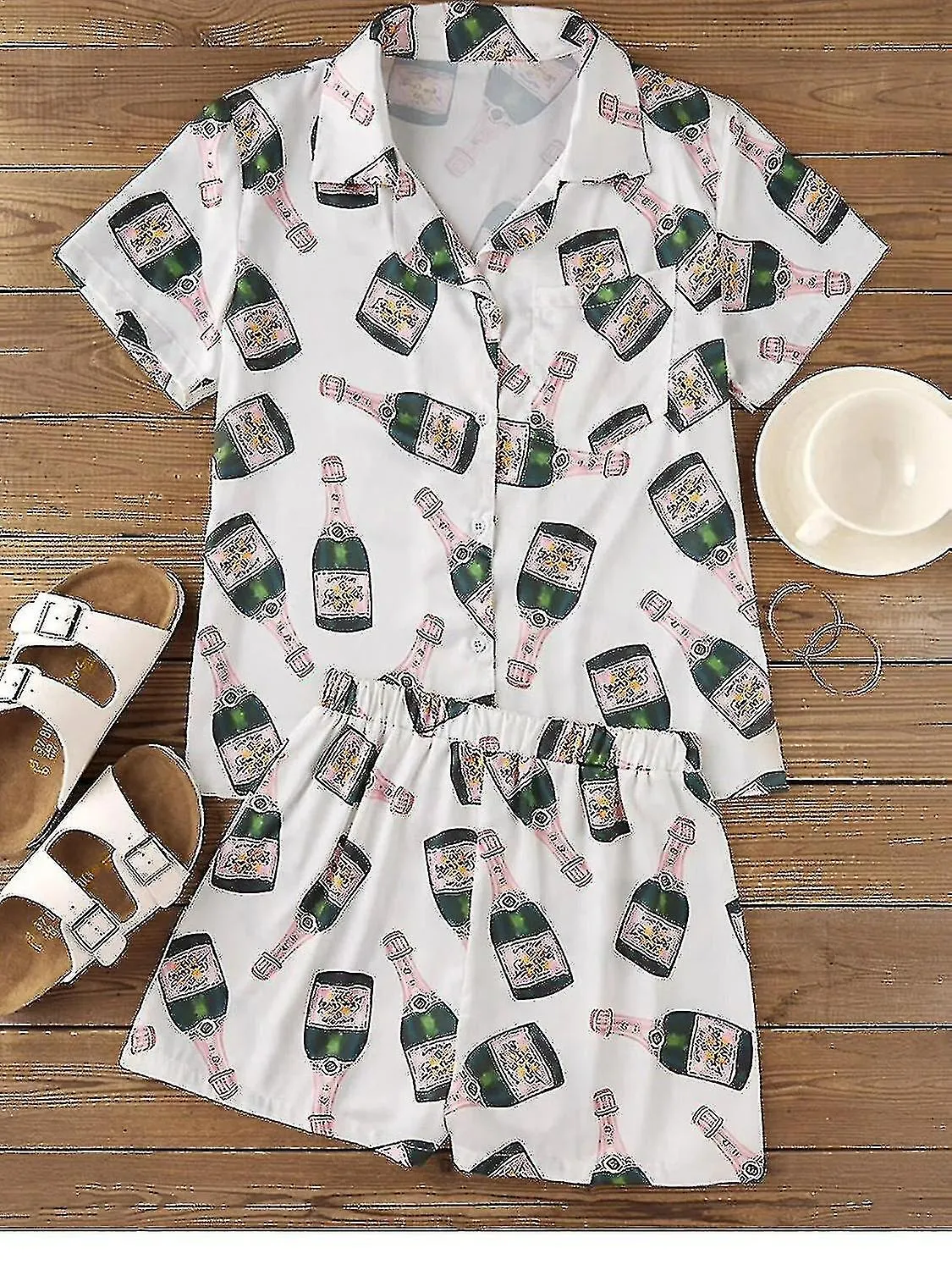 Champagne Bottles Button Pajama Set Women Printed Short Sleeve 2 Pieces Soft Loose Casual Sleepwear-YuJia