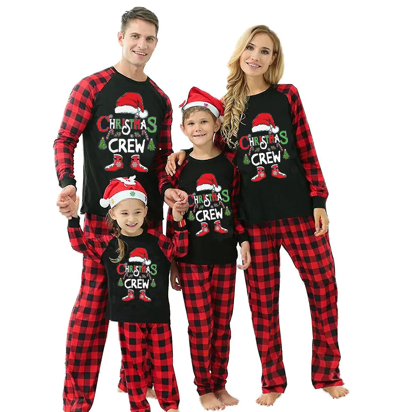 Christmas Family Matching Pajamas Set, Baby Romper/letter Christmas Hat Print Long Sleeve Tops + Plaid Pants Sleepwear Set