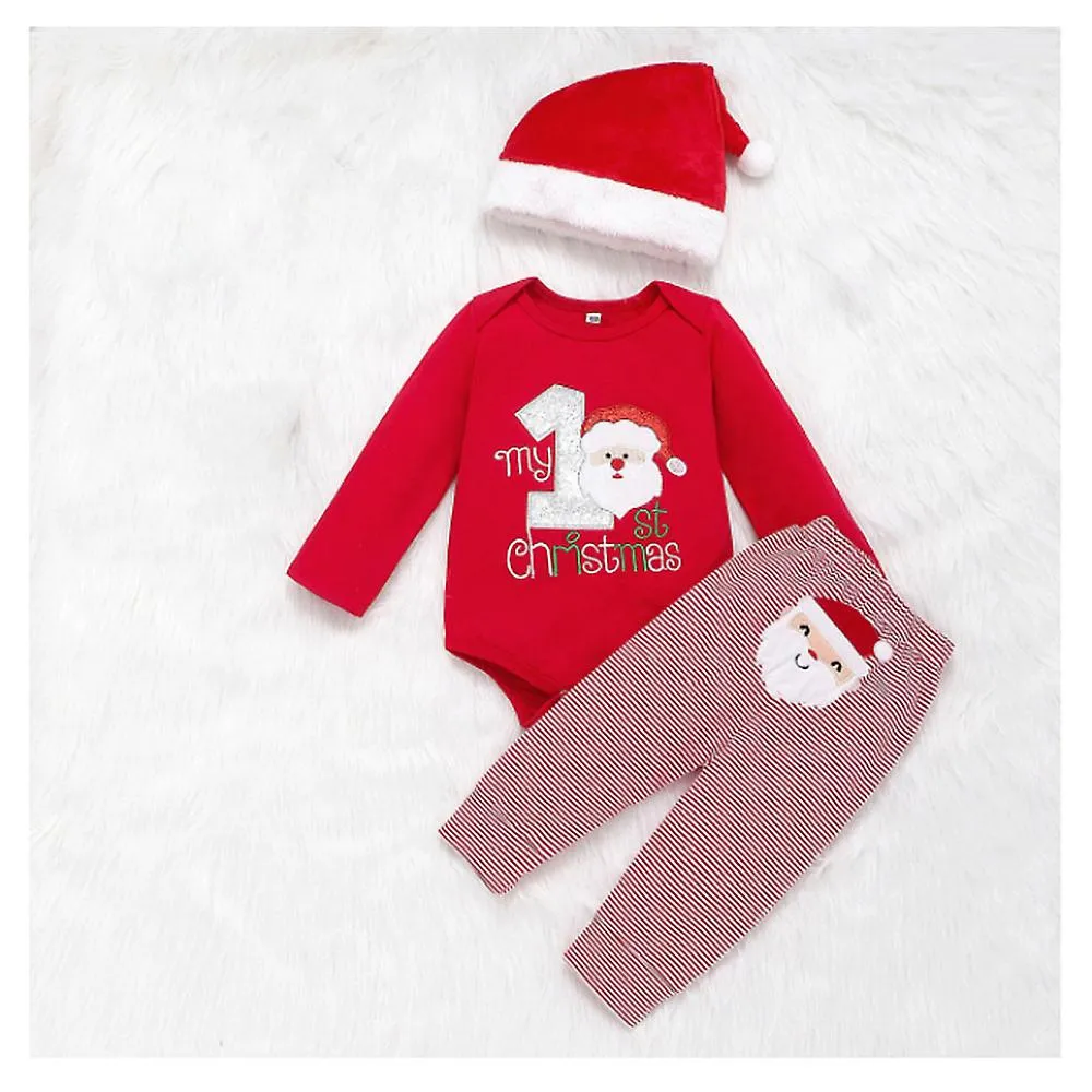 Dance Baby Boys Girls My 1st Christmas Santa Claus Rompers Bodysuit Pants With Hat Outfits(90cm)