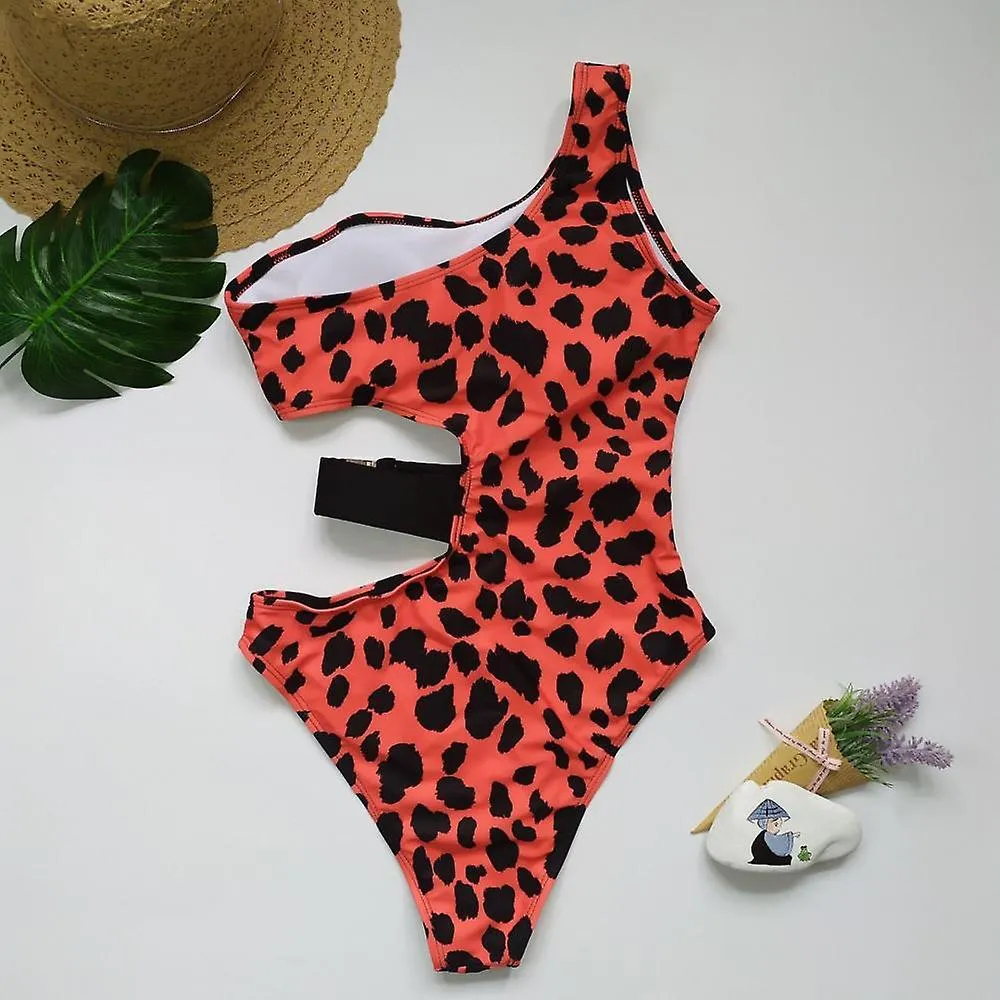 Leopard Thermal Spring 1-shoulder Women's 1-piece Swimsuit, Beach Bikini, Abdominal Elastic Bandage (L)