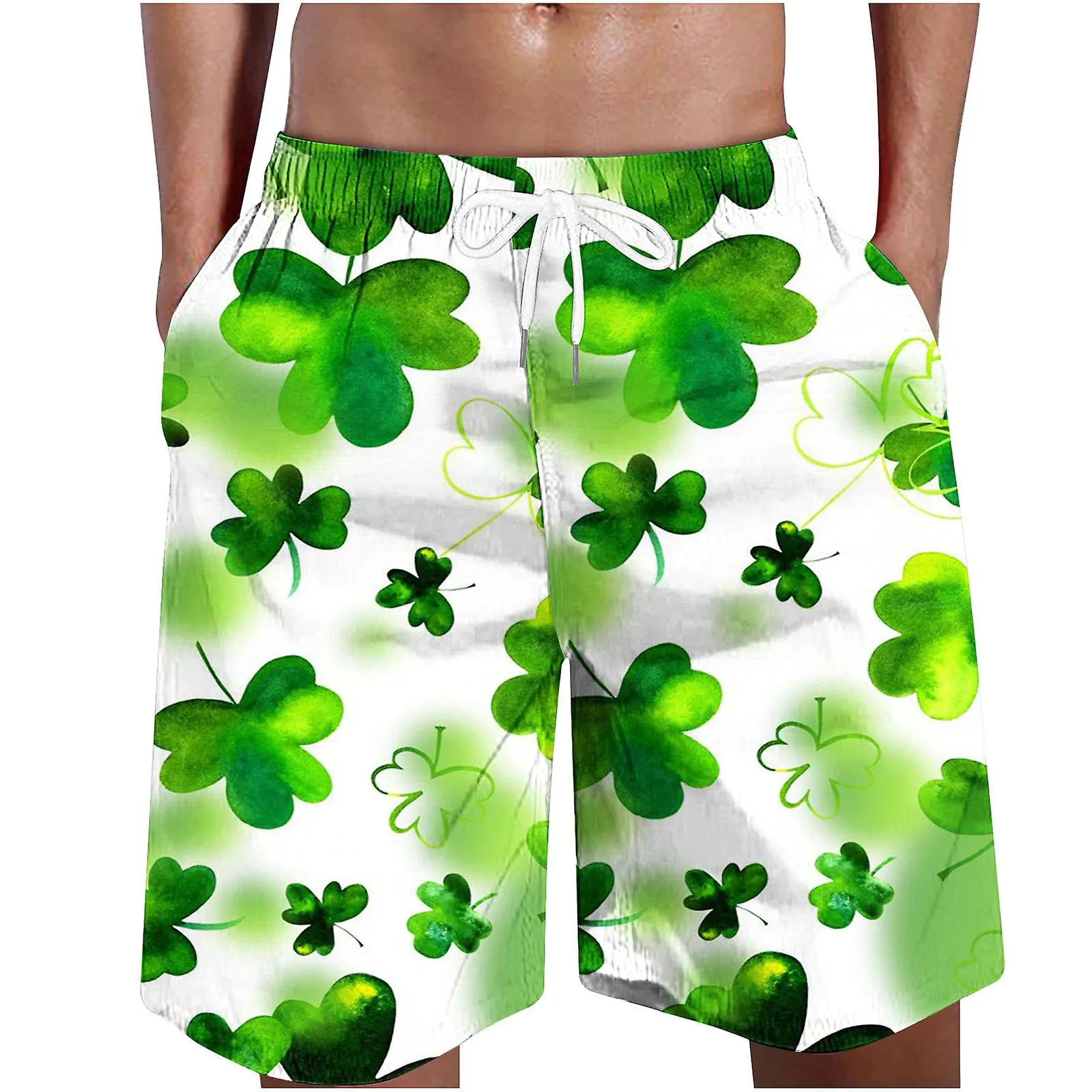 Men Casual Fashion St. Patrick's Day Print Shorts With Pockets Elastic Waist Beach Pants FAN0359