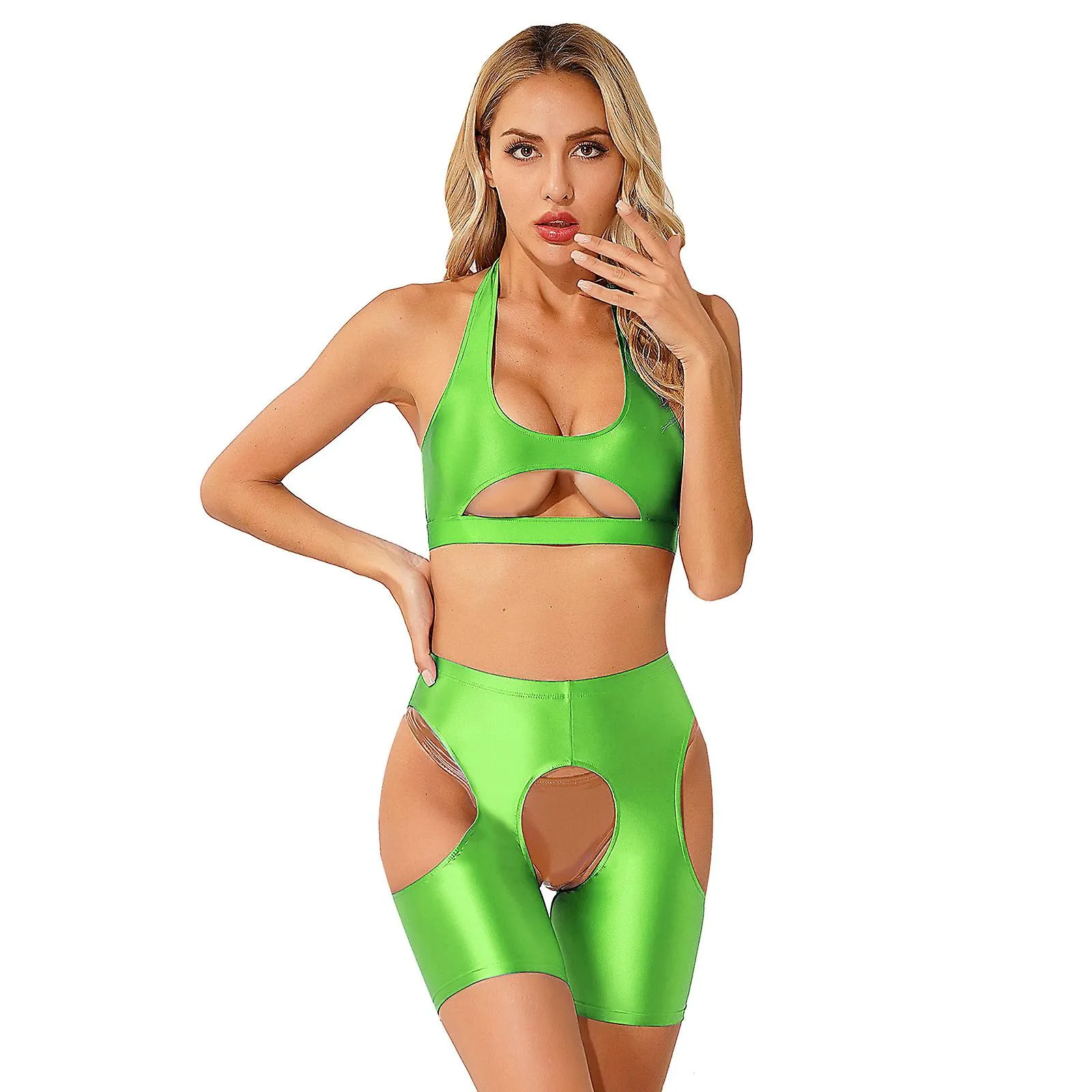 Otwoo Women Body Crotchless Lingerie Set Costume Glossy Sexy Halter Cutout Backless Crop Top With Crotchless Side Hollow Out Sho