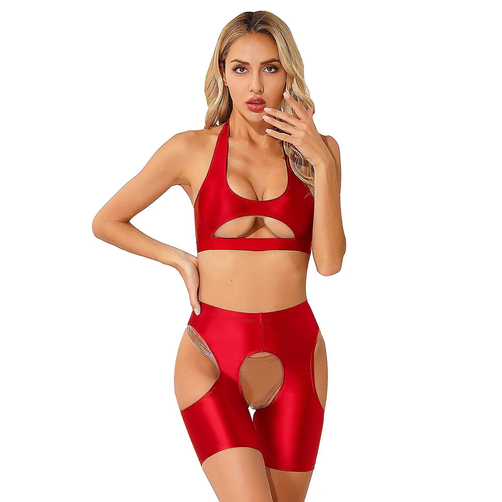 Otwoo Women Body Crotchless Lingerie Set Costume Glossy Sexy Halter Cutout Backless Crop Top With Crotchless Side Hollow Out Sho