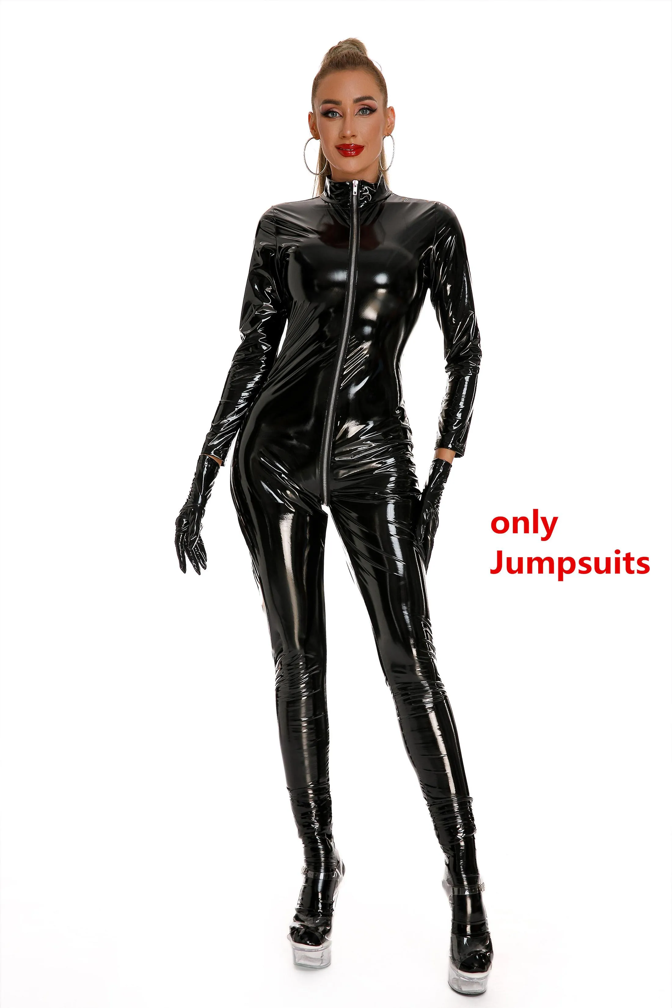 Sexy Mujeres Faux Leather Catsuit Wetlook Latex Bodysuit Cremallera delantera Entrepierna abierta Monos Stretch Bodystocking Dis