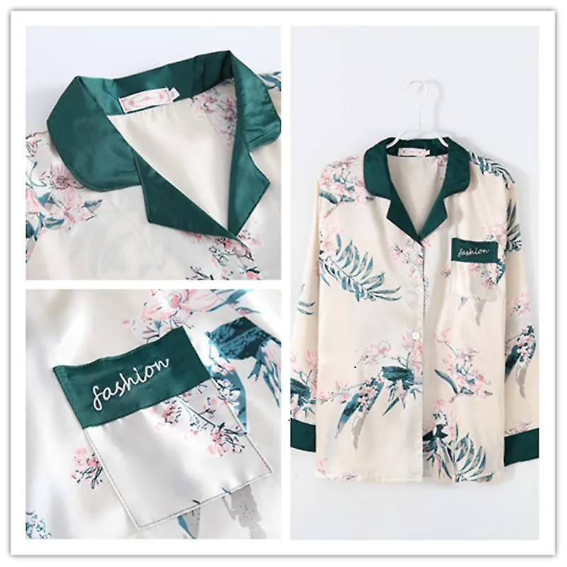 Spring new 7 pcs women pajama set printing fashion long sleeve pyjamas with chest pad nightwear