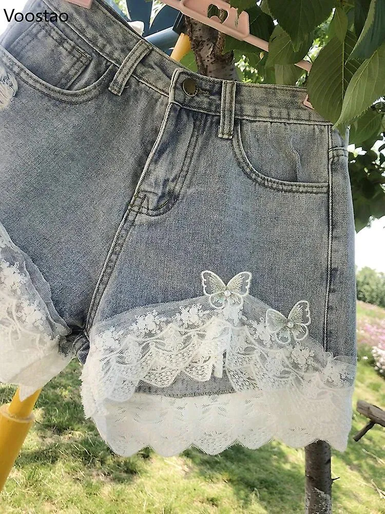 Summer Sweet Lace Ruffles Denim Shorts Women Korean Chic Butterfly Appliques High Waist Short Pants Y2k Girls Sexy Punk Jeans Ge