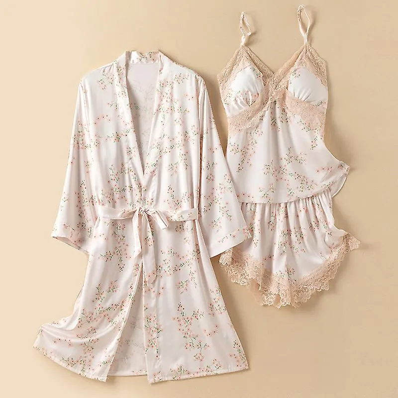 Summer Three Piece Pajamas Set Women Print Lace Bath Robe Strap Top&shorts Sleep Suit Satin Homewear Sleepwear Lingerie