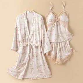 Summer Three Piece Pajamas Set Women Print Lace Bath Robe Strap Top&shorts Sleep Suit Satin Homewear Sleepwear Lingerie