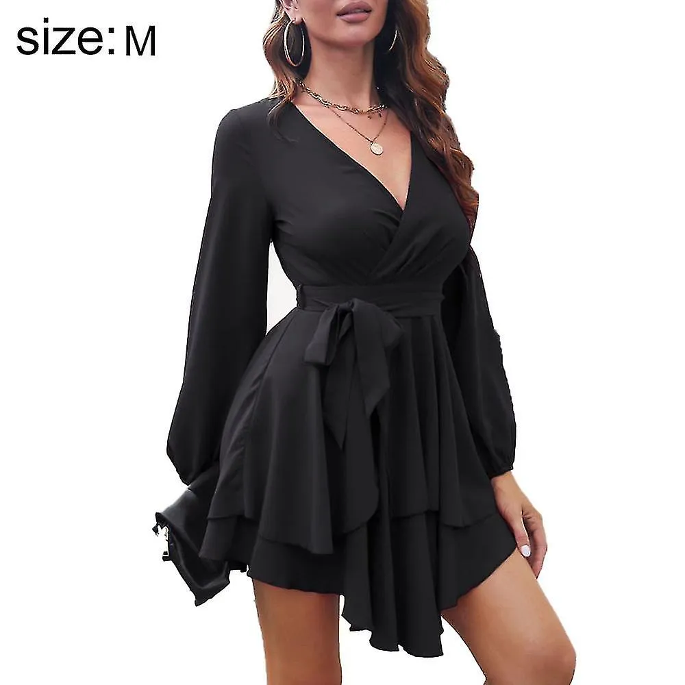 sysy Women's Dress Deep V-Neck Long Sleeve Waist Tie Ruffle Mini Swing Skater Dresses - Black M blac