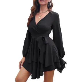 sysy Women's Dress Deep V-Neck Long Sleeve Waist Tie Ruffle Mini Swing Skater Dresses - Black M blac