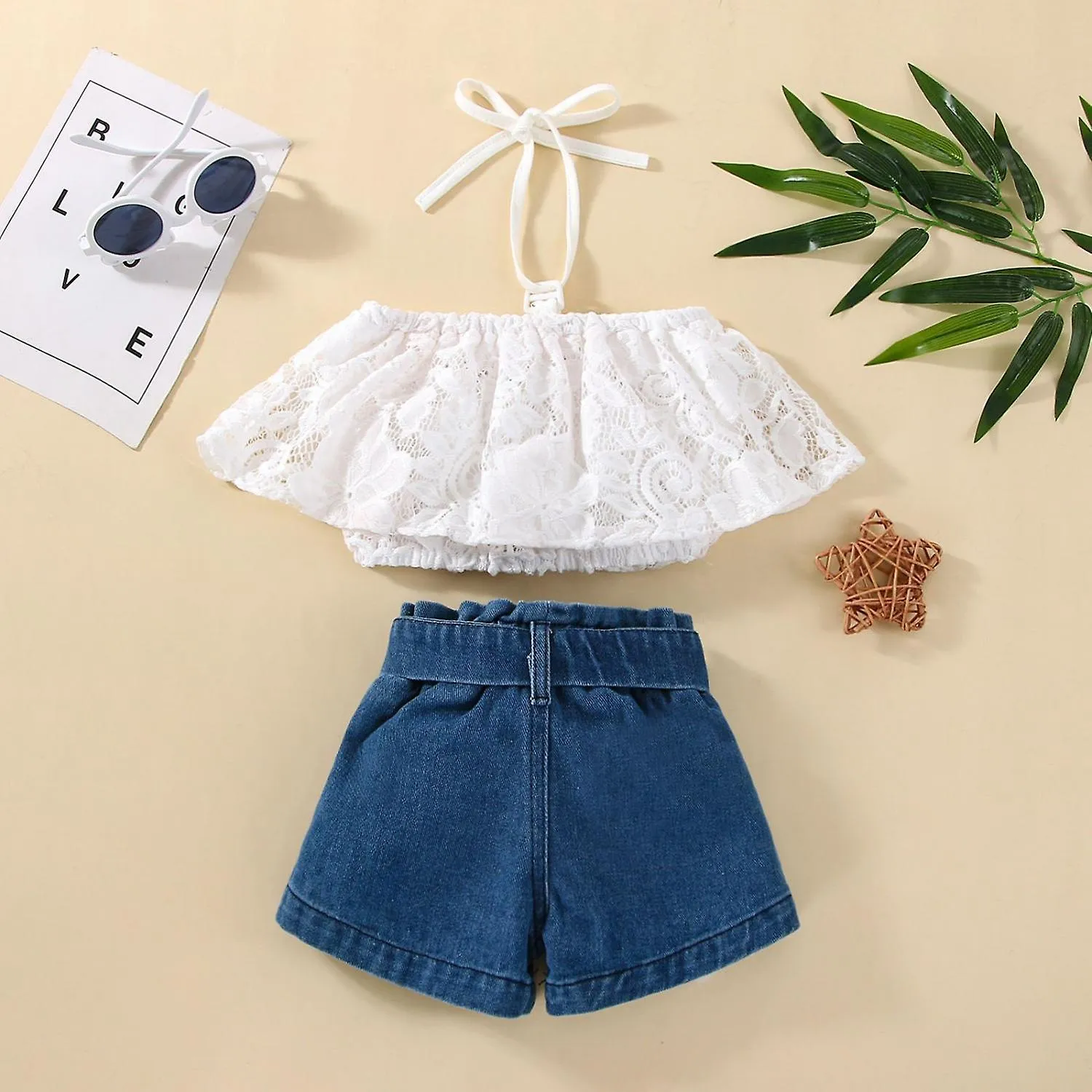 Veeki Baby Girl Clothes  Lace Crochet Halter Neck T-Shirt  Waist Belt Decoration Denim Shorts  Sets --- WhiteSize 110