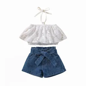 Veeki Baby Girl Clothes  Lace Crochet Halter Neck T-Shirt  Waist Belt Decoration Denim Shorts  Sets --- WhiteSize 110