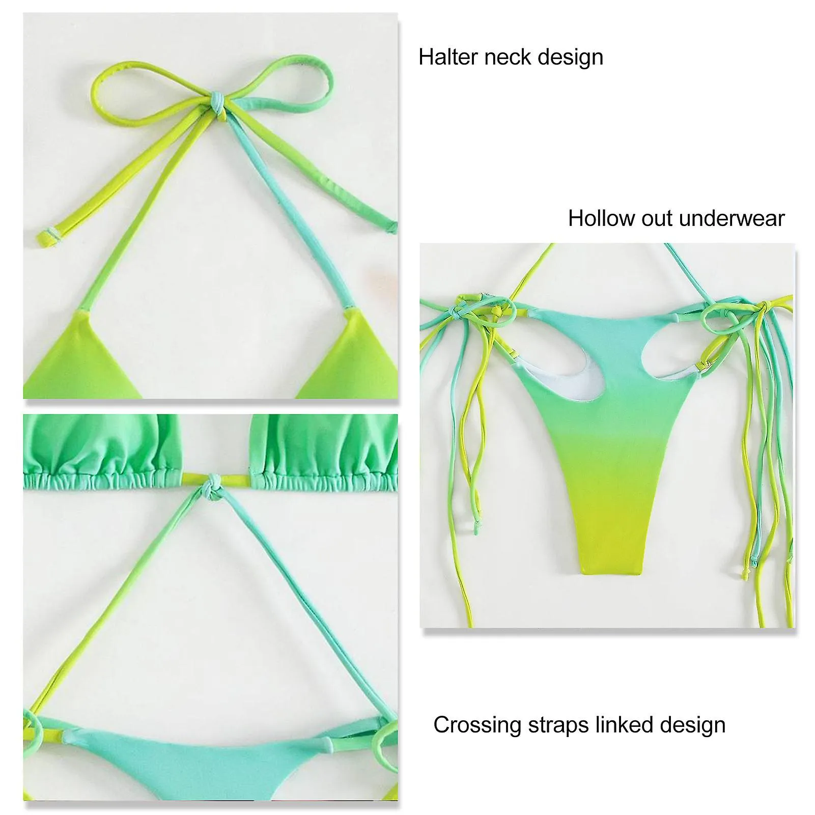 Women Bikini Swimsuit Beautiful Printing Halter Neck Crossing Straps Hollow Out Backless Bathing Suit