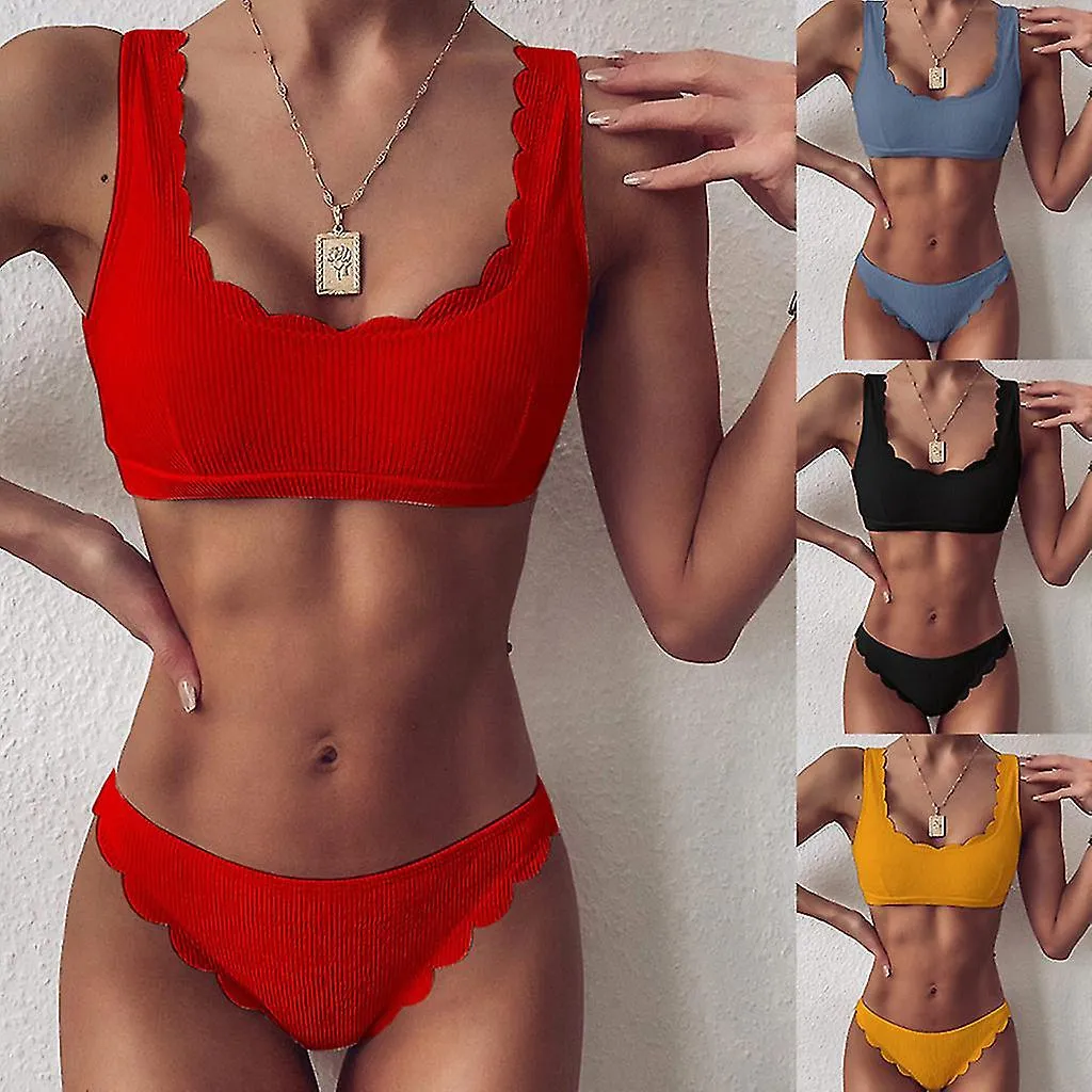 Women Sexy Two Piece Bikini Set Ribbed Knit Push Up Padded Solid Color Swimsuit Scalloped Wavy Edge Low Waist Bathing Suit Beach