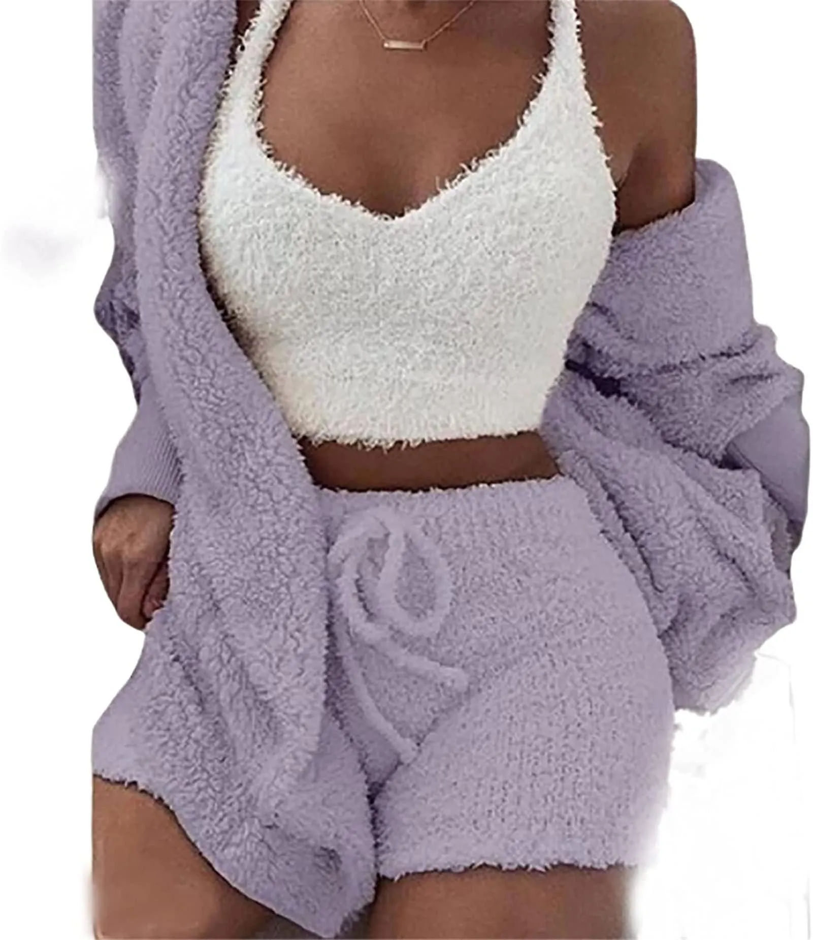 Women's Winter Plush Home Wear Casual 3 Piece Pajamas Long Sleeved Fluffy Hooded Jacket with Open Front Coat & Shorts &a