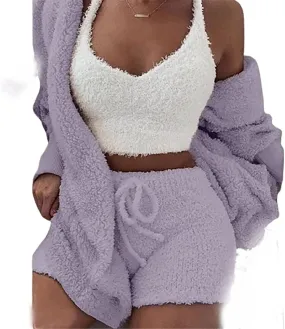 Women's Winter Plush Home Wear Casual 3 Piece Pajamas Long Sleeved Fluffy Hooded Jacket with Open Front Coat & Shorts &a