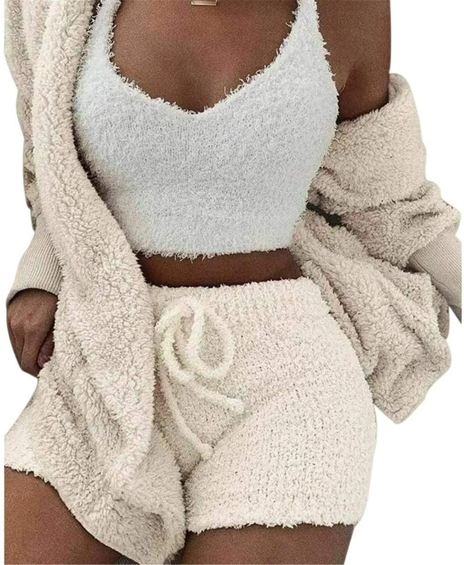 Women's Winter Plush Home Wear white 3 Piece Pajamas Long Sleeved Fluffy Hooded Jacket with Open Front Coat & Shorts &am