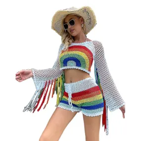 Womens Bathing Suit Cover Ups  Crochet-swim Tassel Top With Drawstring Shorts