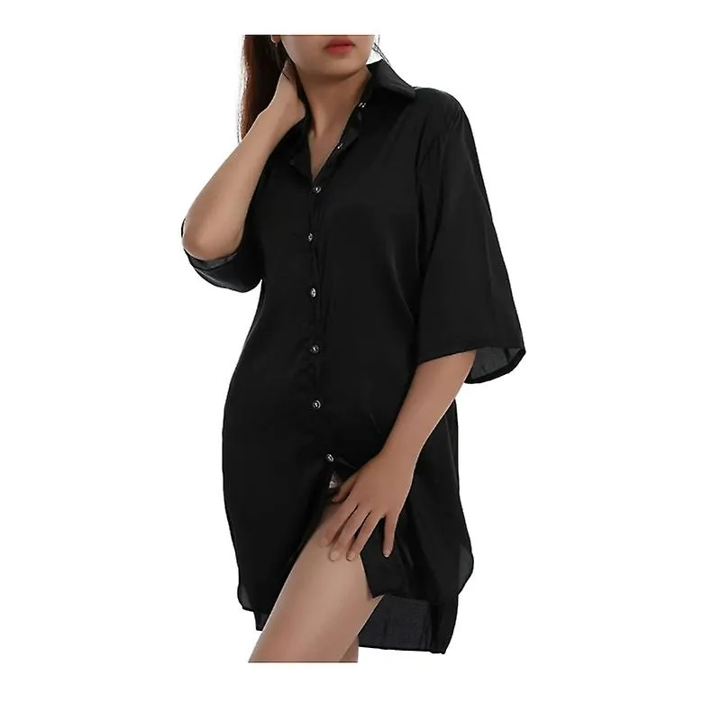 Womens Nightgown Sleepshirt Satin 3/4 Long Sleeve Button Down Pajama Tops Boyfriend Style Sleep Shirt Dress