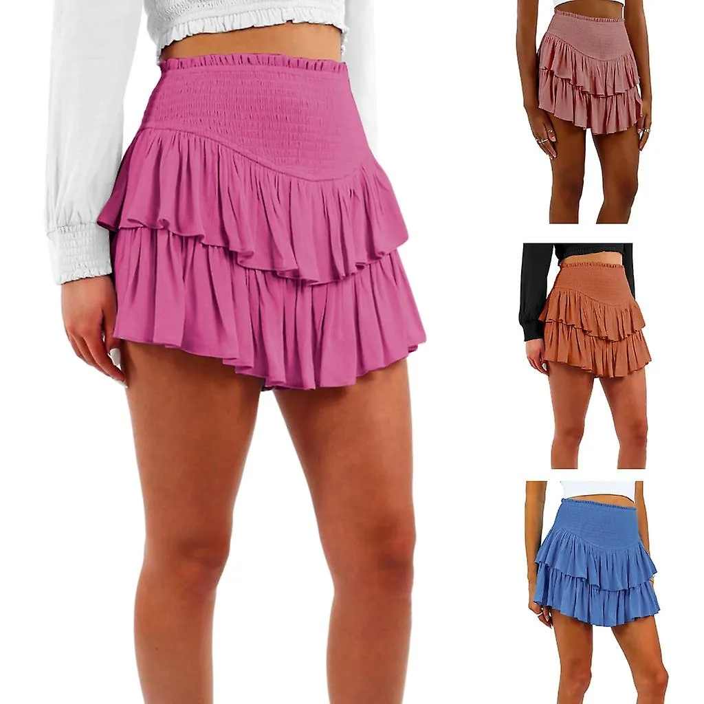 Womens Shirred High Waist Pleated Tiered Ruffle A-line Mini Skirt With Shorts